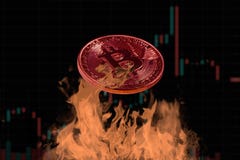 Bitcoin moneta wznosząca toast na ogieniu z candlestick mapą jako tło obrazy stock Bitcoin moneta wznosząca toast na ogieniu z candlestick mapą jako tło obrazy stock