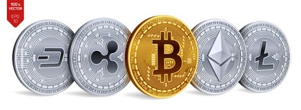 Bitcoin ripple Ethereum traço Litecoin moedas 3D físicas isométricas Moeda cripto Moedas douradas e de prata com bitcoin, rasgo ilustração do vetor Bitcoin ripple Ethereum traço Litecoin moedas 3D físicas isométricas Moeda cripto Moedas douradas e de prata com bitcoin, rasgo ilustração do vetor