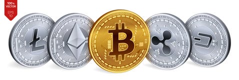 Bitcoin ripple Ethereum traço Litecoin moedas 3D físicas isométricas Moeda cripto Moedas douradas e de prata com bitcoin, rasgo ilustração stock Bitcoin ripple Ethereum traço Litecoin moedas 3D físicas isométricas Moeda cripto Moedas douradas e de prata com bitcoin, rasgo ilustração stock