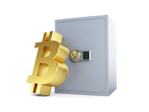 Bitcoin-Safe auf einer weißen Illustration des Hintergrundes 3D, Wiedergabe 3D lizenzfreie abbildung Bitcoin-Safe auf einer weißen Illustration des Hintergrundes 3D, Wiedergabe 3D lizenzfreie abbildung