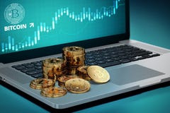 Bitcoinstapels die op computer met Bitcoin-embleem op scherm leggen vector illustratie Bitcoinstapels die op computer met Bitcoin-embleem op scherm leggen vector illustratie