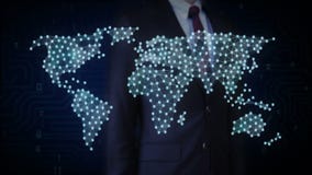 Biznesmen dotyka waluty Bitcoina, Liczne kropki zbierają się, aby stworzyć wygrał znak waluty, kropki tworzą globalną mapę świata ilustracja wektor Biznesmen dotyka waluty Bitcoina, Liczne kropki zbierają się, aby stworzyć wygrał znak waluty, kropki tworzą globalną mapę świata ilustracja wektor