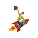Biznesmen na rakiecie, pomyślnej zaczyna up biznesowego projekt, proces rozwoju wektorowa ilustracja na bielu ilustracji Biznesmen na rakiecie, pomyślnej zaczyna up biznesowego projekt, proces rozwoju wektorowa ilustracja na bielu ilustracji