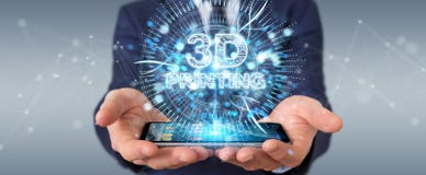Biznesmen używa 3D drukuje cyfrowego holograma 3D rendering ilustracji Biznesmen używa 3D drukuje cyfrowego holograma 3D rendering ilustracji