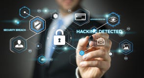 Biznesmen używa antivirus blokować cyber ataka 3D rendering royalty ilustracja Biznesmen używa antivirus blokować cyber ataka 3D rendering royalty ilustracja