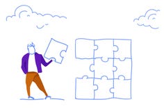 Biznesmena mienia łamigłówki wyrzynarki części rozwiązania projekta kona problemowego pomyślnego pojęcia nakreślenia horyzontalny ilustracji Biznesmena mienia łamigłówki wyrzynarki części rozwiązania projekta kona problemowego pomyślnego pojęcia nakreślenia horyzontalny ilustracji