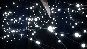 Biznesmenka dotykająca symbolu waluty dolara, Liczne kropki zbierają się, aby stworzyć znak waluty wygranej, kropki tworzą global ilustracja wektor Biznesmenka dotykająca symbolu waluty dolara, Liczne kropki zbierają się, aby stworzyć znak waluty wygranej, kropki tworzą global ilustracja wektor