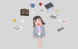 Bizneswoman relaksuje patrzejący biurowych akcesoria odosobniony ilustracji Bizneswoman relaksuje patrzejący biurowych akcesoria odosobniony ilustracji