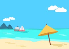 Bl?tthav, Sky & moln tropisk seascape Strandparaply, hav, sandig kust, berg, skepp vektor stock illustrationer Bl?tthav, Sky & moln tropisk seascape Strandparaply, hav, sandig kust, berg, skepp vektor stock illustrationer