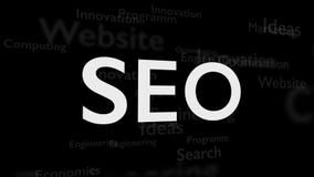 Black background with different words, which deal with Search Engine Optimization. Close up. Copy space. 3D. Animatiom stock illustration Black background with different words, which deal with Search Engine Optimization. Close up. Copy space. 3D. Animatiom stock illustration