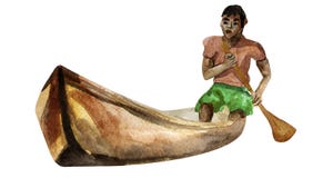 Black boy in canoe watercolor illustration