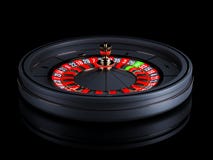 Black Casino roulette wheel isolated on black background. Modern Casino roulette for poker table. Casino game 3D object stock illustration Black Casino roulette wheel isolated on black background. Modern Casino roulette for poker table. Casino game 3D object stock illustration