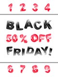 Black Friday lettering banner kit of 3d letters. At different angles of black and red with indication 50 % off with set of numbers 1, 2, 3, 5, 6, 7, 8, 9 to use stock illustration Black Friday lettering banner kit of 3d letters. At different angles of black and red with indication 50 % off with set of numbers 1, 2, 3, 5, 6, 7, 8, 9 to use stock illustration