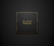 Black Friday luxury banner. Golden text on black square label frame. Dark geometric zigzag pattern background. Vector illustration