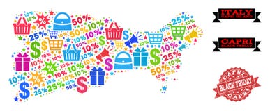 Black Friday-Samenstelling van Mozaïekkaart van Capri-Eiland en Noodzegel stock illustratie Black Friday-Samenstelling van Mozaïekkaart van Capri-Eiland en Noodzegel stock illustratie
