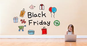 Black Friday-Text mit dem kleinen Mädchen, das eine Laptop-Computer verwendet lizenzfreie stockfotografie Black Friday-Text mit dem kleinen Mädchen, das eine Laptop-Computer verwendet lizenzfreie stockfotografie