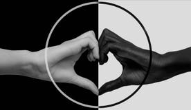 Black hand on a white background, white on black, joined in the shape of a heart and United in a circle icon. The