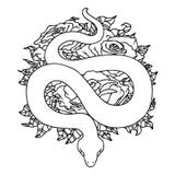 Black Line Tattoo Of A Snake And Roses Stock Images