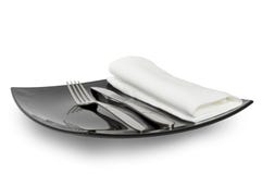 Black Plate Knife Fork And A Napkin Stock Photography