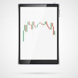 Black realistic large vertical smart touch mobile tablet computer with Japanese candles, interval chart of changes in stock quotes royalty free illustration Black realistic large vertical smart touch mobile tablet computer with Japanese candles, interval chart of changes in stock quotes royalty free illustration