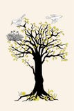 Black silhouette tree with yellow leaves, birds and nest royalty free illustration Black silhouette tree with yellow leaves, birds and nest royalty free illustration