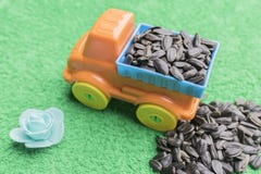 Black sunflower seeds lie in the back of a children`s toy car and are piled alongside on a green background royalty free stock photos Black sunflower seeds lie in the back of a children`s toy car and are piled alongside on a green background royalty free stock photos