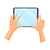 Tablet computer in human hands. Digital device. Gadget with blue screen. Modern technology. Flay vector icon. Black tablet computer in human hands. Digital stock illustration Tablet computer in human hands. Digital device. Gadget with blue screen. Modern technology. Flay vector icon. Black tablet computer in human hands. Digital stock illustration