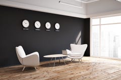 Black wall office lobby with clocks side view royalty free illustration Black wall office lobby with clocks side view royalty free illustration