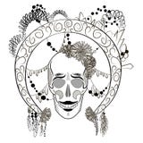 Black and white skull with decorated round frame. vector illustration Black and white skull with decorated round frame. vector illustration
