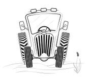 Black and white tractor profile in the field. A funny drawing. Spring work or harvesting. Stock Images Black and white tractor profile in the field. A funny drawing. Spring work or harvesting. Stock Images