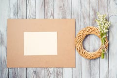 greeting blank card lily decoration valley wooden background