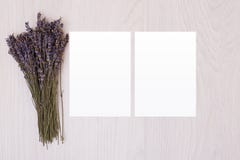 Blank paper on wood table with lavender. White paper. Postcard stock image Blank paper on wood table with lavender. White paper. Postcard stock image