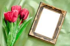 Blank Picture frames and red tulips flowers. royalty free stock photography Blank Picture frames and red tulips flowers. royalty free stock photography