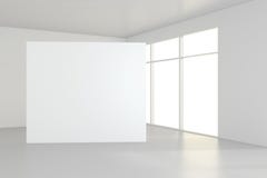 Blank white billboard in empty room with big windows, mock up, 3D Rendering royalty free stock image Blank white billboard in empty room with big windows, mock up, 3D Rendering royalty free stock image