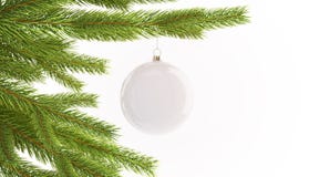 Blank white christmas ball hanging on pine mockup, isolated stock photo Blank white christmas ball hanging on pine mockup, isolated stock photo