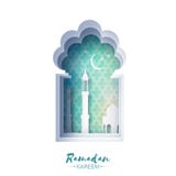 Blaue Origami-Moscheen-Fenster-Ramadan Kareem Greeting-Karte mit arabischem Arabeskenmuster Blaue Origami-Moscheen-Fenster-Ramadan Kareem Greeting-Karte mit arabischem Arabeskenmuster