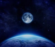 Blaue Planetenerde, -mond und -sterne vom Raum auf Himmel vektor abbildung Blaue Planetenerde, -mond und -sterne vom Raum auf Himmel vektor abbildung