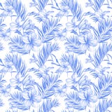Blaue Plumeriablumen und exotische Palmblätter im nahtlosen tropischen Muster Weißer Hintergrund Adobe Photoshop für Korrekturen lizenzfreie abbildung Blaue Plumeriablumen und exotische Palmblätter im nahtlosen tropischen Muster Weißer Hintergrund Adobe Photoshop für Korrekturen lizenzfreie abbildung