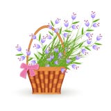 Blauwe kleine wilde bloemen in rieten mand met roze die boog op witte achtergrond wordt geïsoleerd stock illustratie Blauwe kleine wilde bloemen in rieten mand met roze die boog op witte achtergrond wordt geïsoleerd stock illustratie