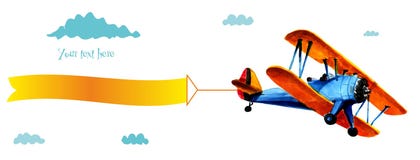 Bleu airplane with advertising. Blue biplane with white ribbon in the blue sky vector illustration Bleu airplane with advertising. Blue biplane with white ribbon in the blue sky vector illustration