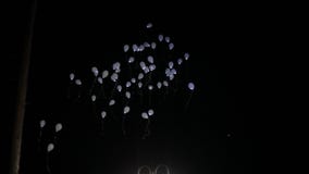 Blinkaheliumballonger som flyger på natthimmel Ballonger i bröllopparti lager videofilmer Blinkaheliumballonger som flyger på natthimmel Ballonger i bröllopparti lager videofilmer