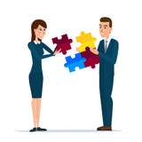 Blocchetto di puzzle della tenuta dell'uomo di affari e della donna di affari illustrazione di stock Blocchetto di puzzle della tenuta dell'uomo di affari e della donna di affari illustrazione di stock