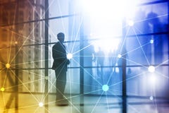Blockchain network on blurred skyscrapers background. Financial technology and communication concept. stock illustration Blockchain network on blurred skyscrapers background. Financial technology and communication concept. stock illustration