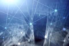 Blockchain network on blurred skyscrapers background. Financial technology and communication concept. royalty free illustration Blockchain network on blurred skyscrapers background. Financial technology and communication concept. royalty free illustration