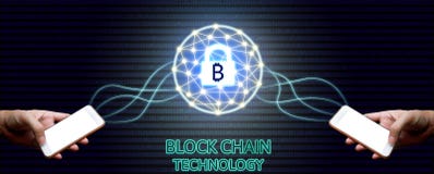 Blockchain technology concept, Two businessman holding smartphone and virtual system diagram bitcoin protection and binary