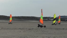 Blokarts on the Brouwersdam beach, slow motion, The Netherlands