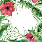 Blom- ram för vattenfärg med vändkretsgrönska och blommor Hand målad exotisk gräns med palmträdsidor, banan royaltyfri illustrationer Blom- ram för vattenfärg med vändkretsgrönska och blommor Hand målad exotisk gräns med palmträdsidor, banan royaltyfri illustrationer