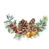 Blom- sammansättning för vattenfärgvinter Räcka den målade snowberryen, och granfilialer, röda bär med sidor, sörjer kotten, kloc stock illustrationer Blom- sammansättning för vattenfärgvinter Räcka den målade snowberryen, och granfilialer, röda bär med sidor, sörjer kotten, kloc stock illustrationer