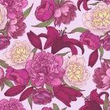 Blom- sömlös modell för vektor med hand drog rosa och vita pioner, röda liljor royaltyfri illustrationer Blom- sömlös modell för vektor med hand drog rosa och vita pioner, röda liljor royaltyfri illustrationer
