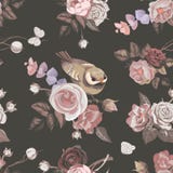 Blom- sömlös modell med colorfullgrupper av rosor och den gulliga lilla fågeln på bakgrund vektorillustration i retro royaltyfri illustrationer Blom- sömlös modell med colorfullgrupper av rosor och den gulliga lilla fågeln på bakgrund vektorillustration i retro royaltyfri illustrationer